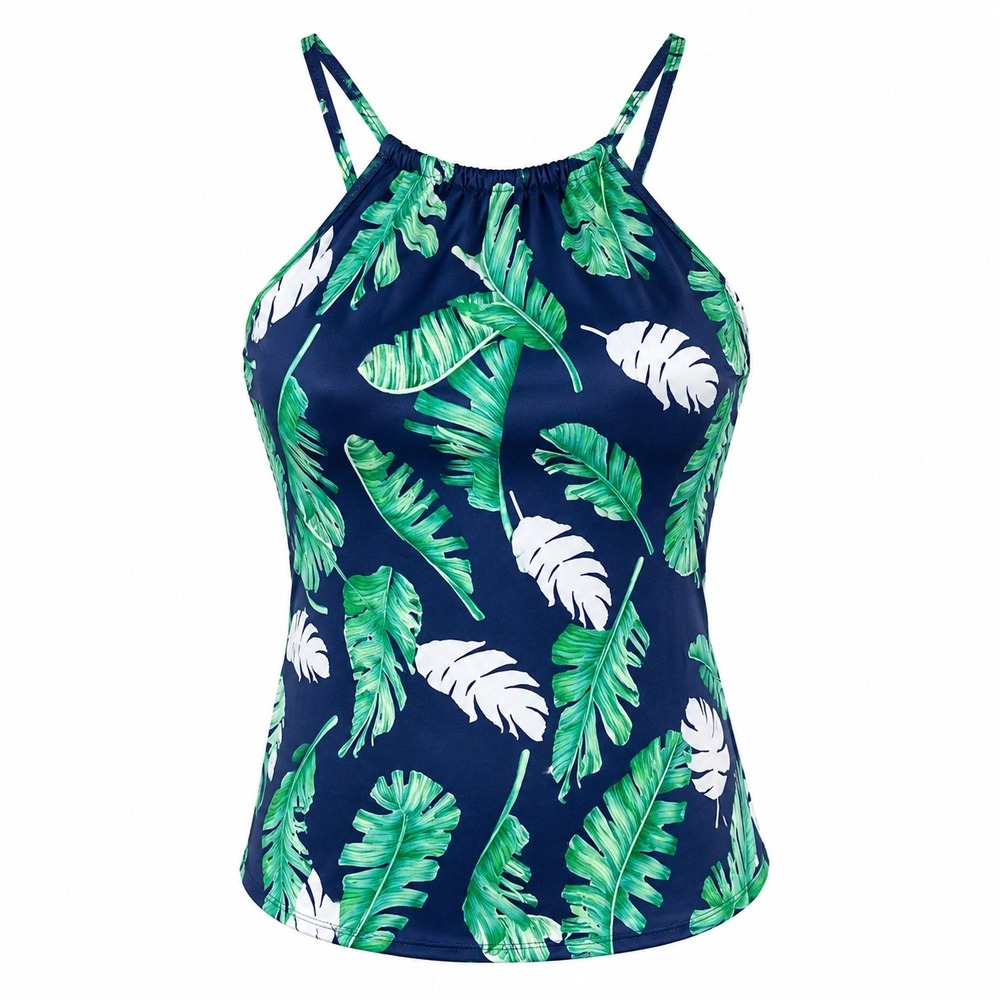 Womens XXL Tropical Tankini Swim Top Navy Green Palm Leaf Ruched Beach Resort